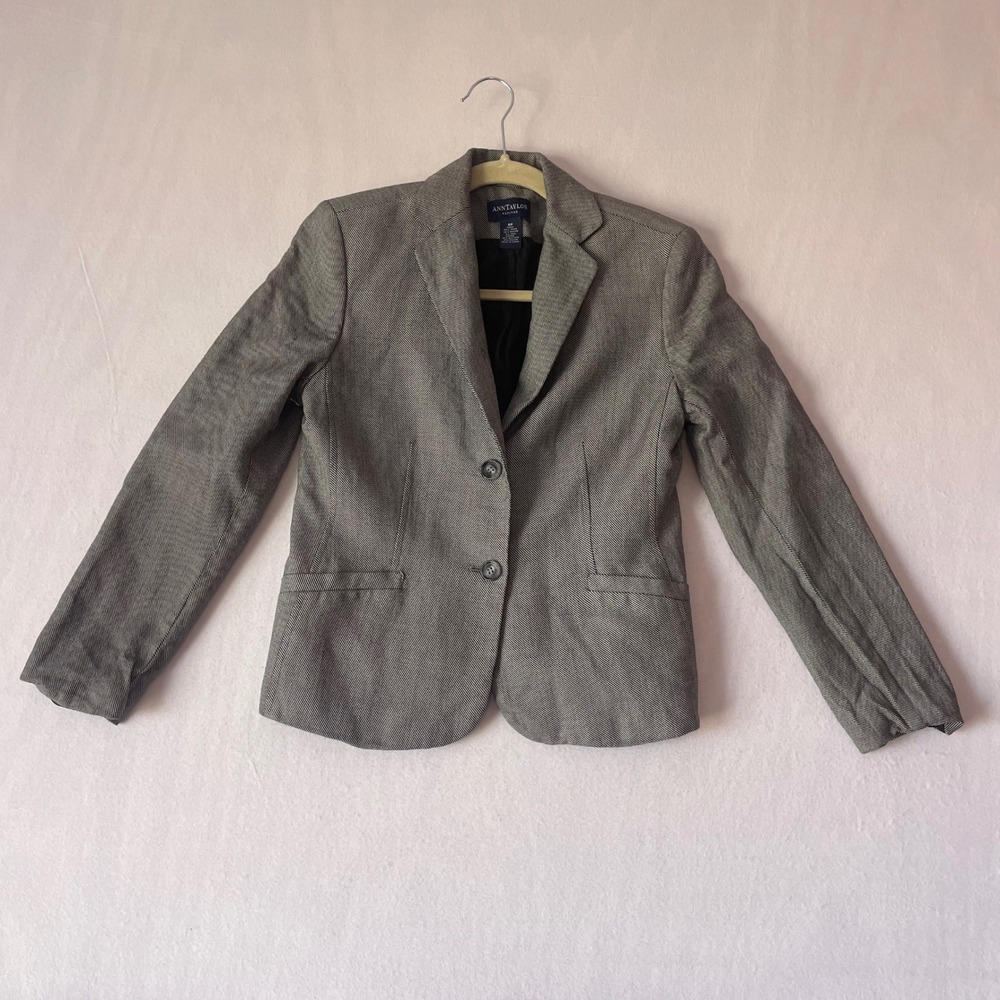 Ann Taylor Petites Black White Wool Silk‎ Blend Blazer Jacket 6P Micro Check